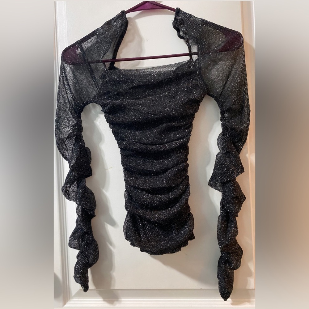 Shien Square Neckline Sparkly Mesh Long Sleeve Shirt